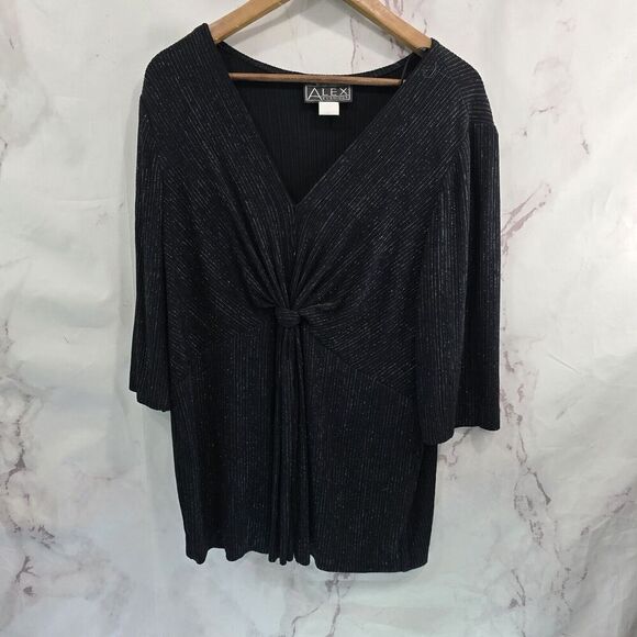 Alex Evenings Tops - Alex Evening Shirt Womens 2X Black Short Sleeve Blouse Twist Glitter Sparkle